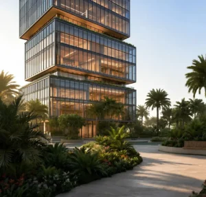 RAW District by Imtiaz in Downtown Jebel Ali modern glass office tower surrounded by landscaped pathways and tropical greenery in Dubai - Presented by Tohid Fetrat