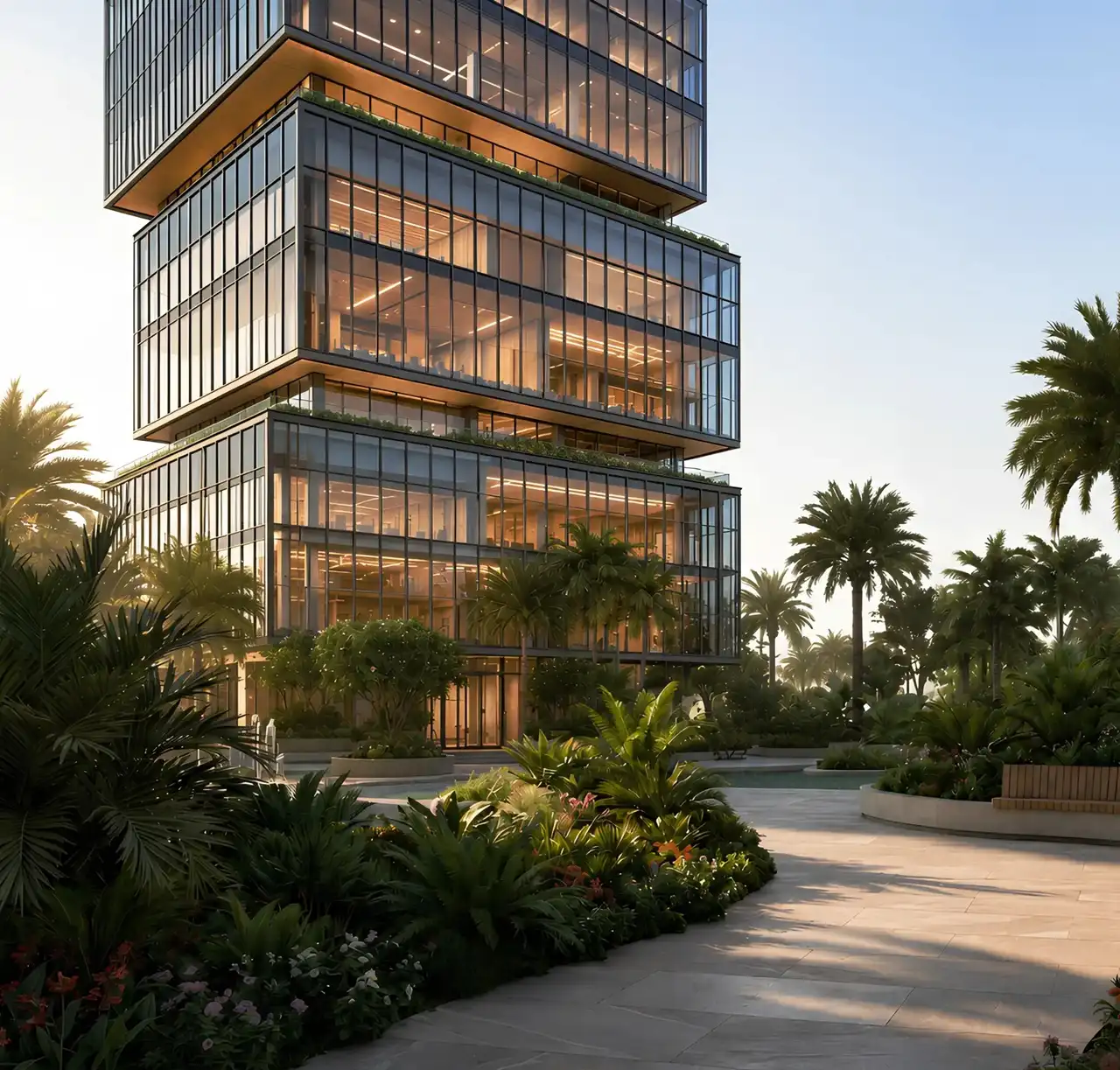RAW District by Imtiaz in Downtown Jebel Ali modern glass office tower surrounded by landscaped pathways and tropical greenery in Dubai - Presented by Tohid Fetrat