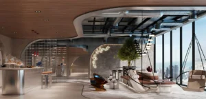 RAW District by Imtiaz in Downtown Jebel Ali luxury sky lounge interior with modern seating, suspended swings, and panoramic city views in Dubai - Presented by Tohid Fetrat