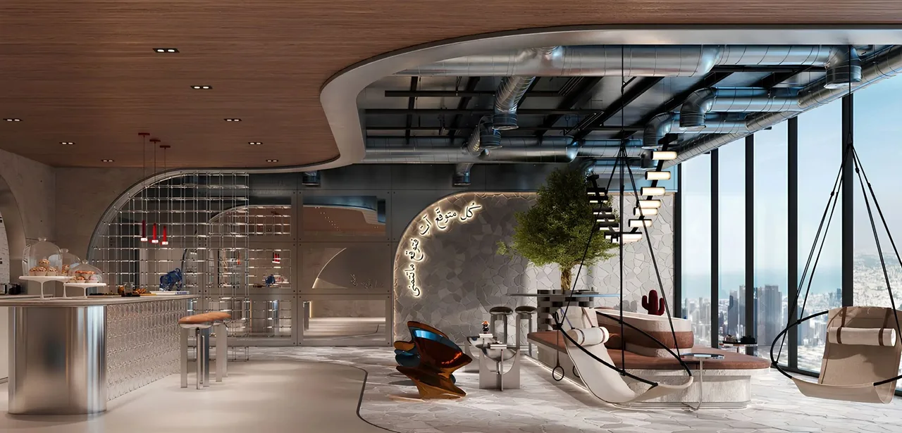 RAW District by Imtiaz in Downtown Jebel Ali luxury sky lounge interior with modern seating, suspended swings, and panoramic city views in Dubai - Presented by Tohid Fetrat