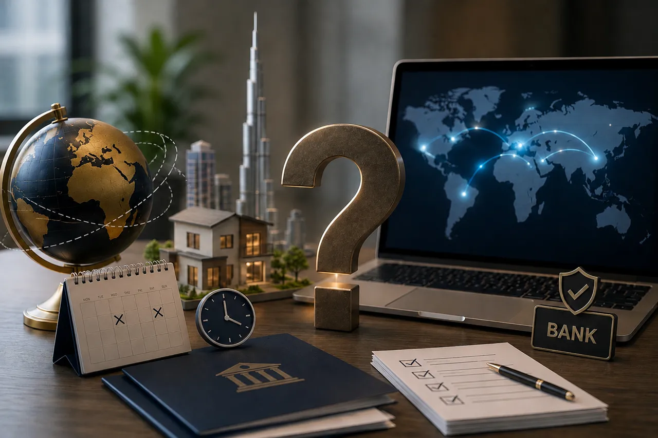 Illustration of international bank transfer timing, compliance review delays, and Dubai property payment processing Presented by Tohid Fetrat