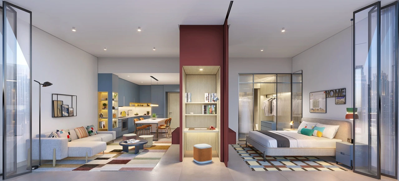 Rove Home Downtown Dubai by IRTH Development 1 bedroom residence with open plan living area bedroom and contemporary interior design in Dubai Presented by Tohid Fetrat