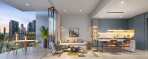 Rove Home Downtown Dubai by IRTH Development 1 bedroom residence with open plan living area kitchen and balcony views in Dubai Presented by Tohid Fetrat