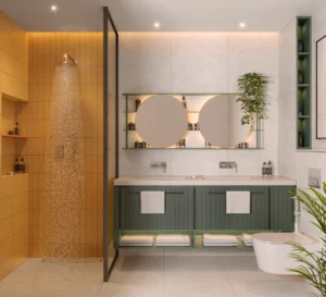 Rove Home Downtown Dubai by IRTH Development 2 bedroom residence bathroom with double vanity and contemporary shower design in Dubai Presented by Tohid Fetrat