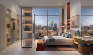 Rove Home Downtown Dubai by IRTH Development 2 bedroom residence bedroom with floor to ceiling windows and city skyline views in Dubai Presented by Tohid Fetrat
