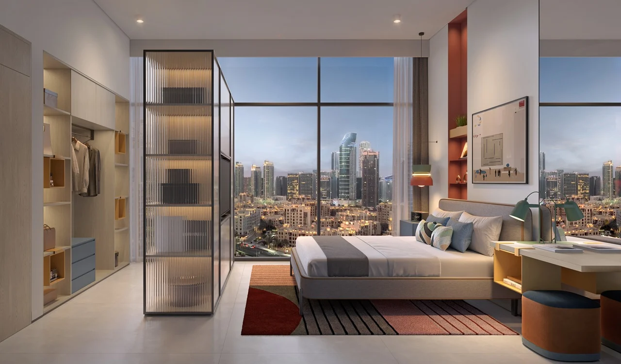 Rove Home Downtown Dubai by IRTH Development 2 bedroom residence bedroom with floor to ceiling windows and city skyline views in Dubai Presented by Tohid Fetrat
