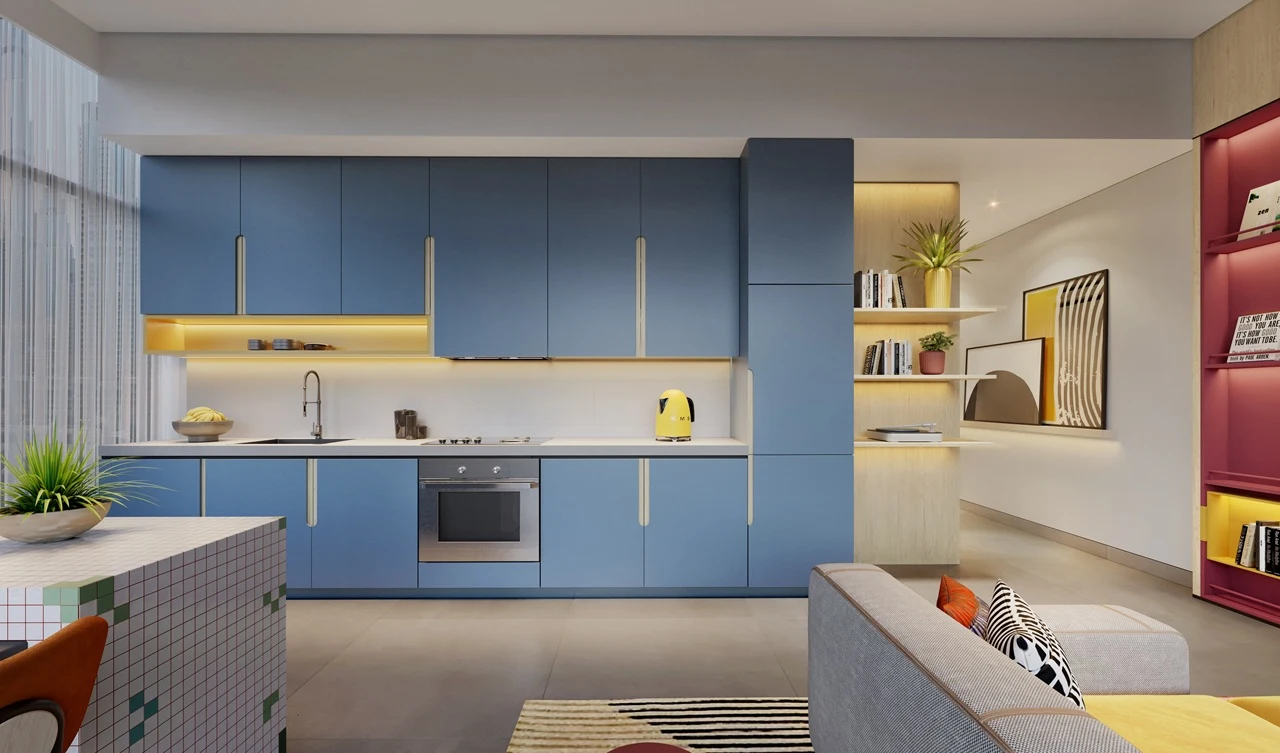 Rove Home Downtown Dubai by IRTH Development 2 bedroom residence kitchen with contemporary cabinetry and open plan layout in Dubai Presented by Tohid Fetrat