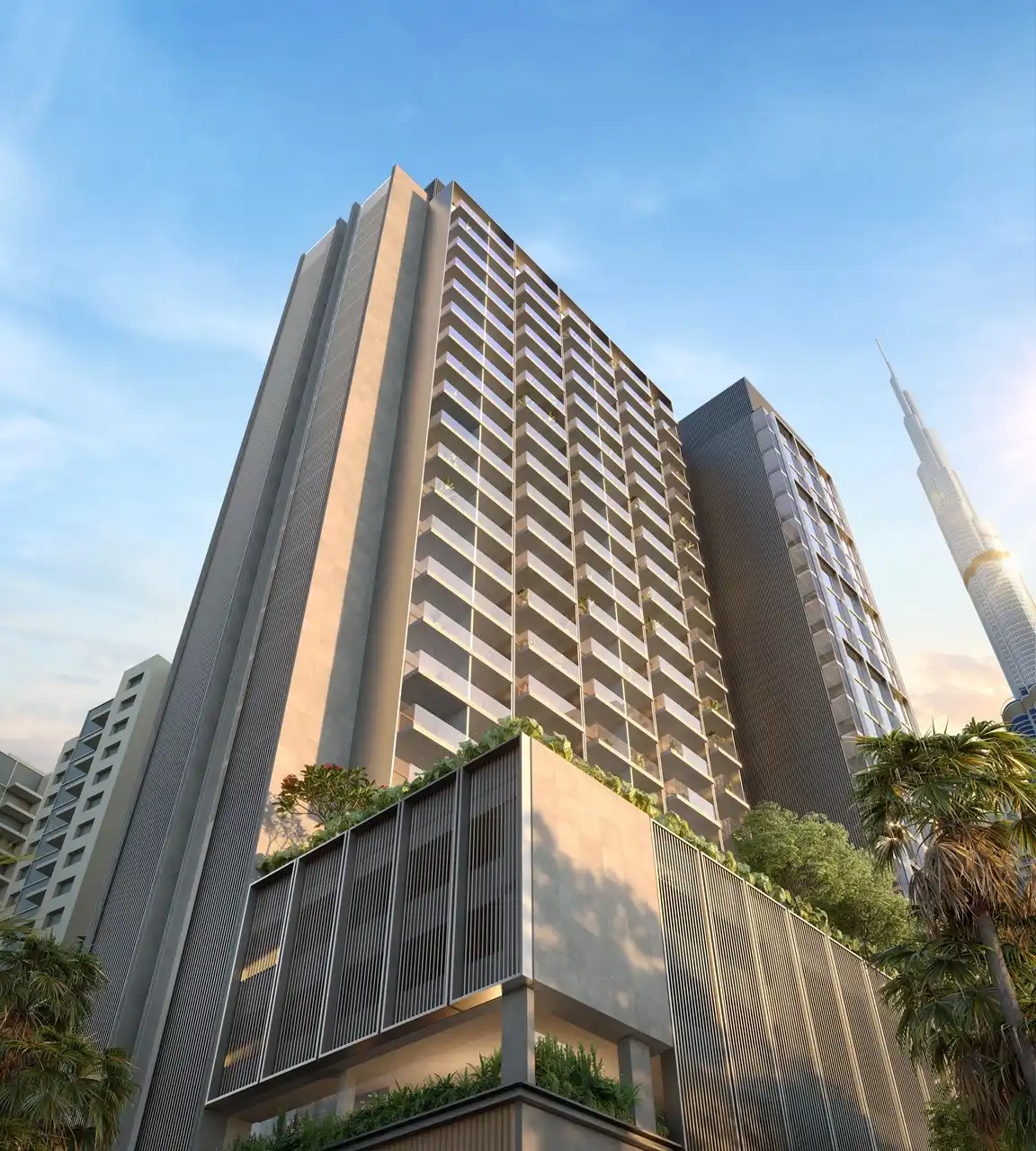 Rove Home Downtown Dubai by IRTH Development modern residential tower with landscaped podium and Burj Khalifa views in Dubai Presented by Tohid Fetrat