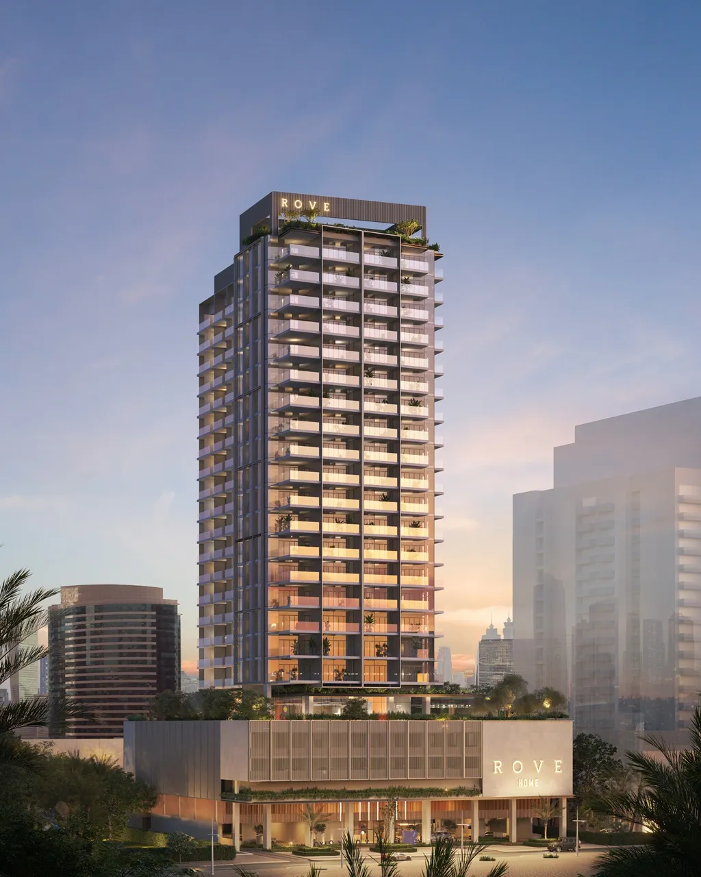 Rove Home Downtown Dubai by IRTH Development residential tower elevation with illuminated balconies and modern architecture in Dubai Presented by Tohid Fetrat