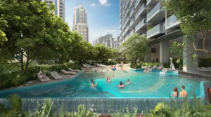 Rove Home Downtown Dubai by IRTH Development resort style family swimming pool surrounded by landscaped gardens in Dubai Presented by Tohid Fetrat