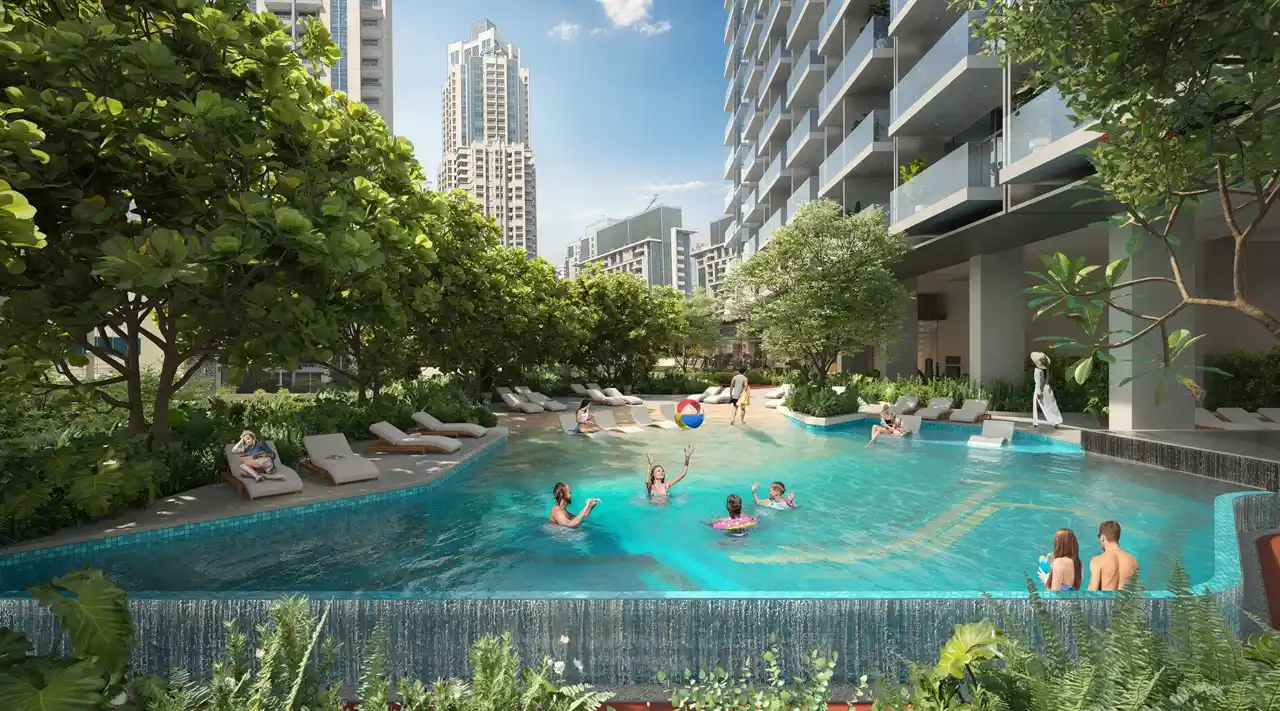 Rove Home Downtown Dubai by IRTH Development resort style family swimming pool surrounded by landscaped gardens in Dubai Presented by Tohid Fetrat