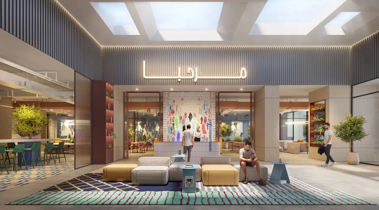 Rove Home Downtown Dubai by IRTH Development contemporary lobby and social lounge space with collaborative seating in Dubai Presented by Tohid Fetrat