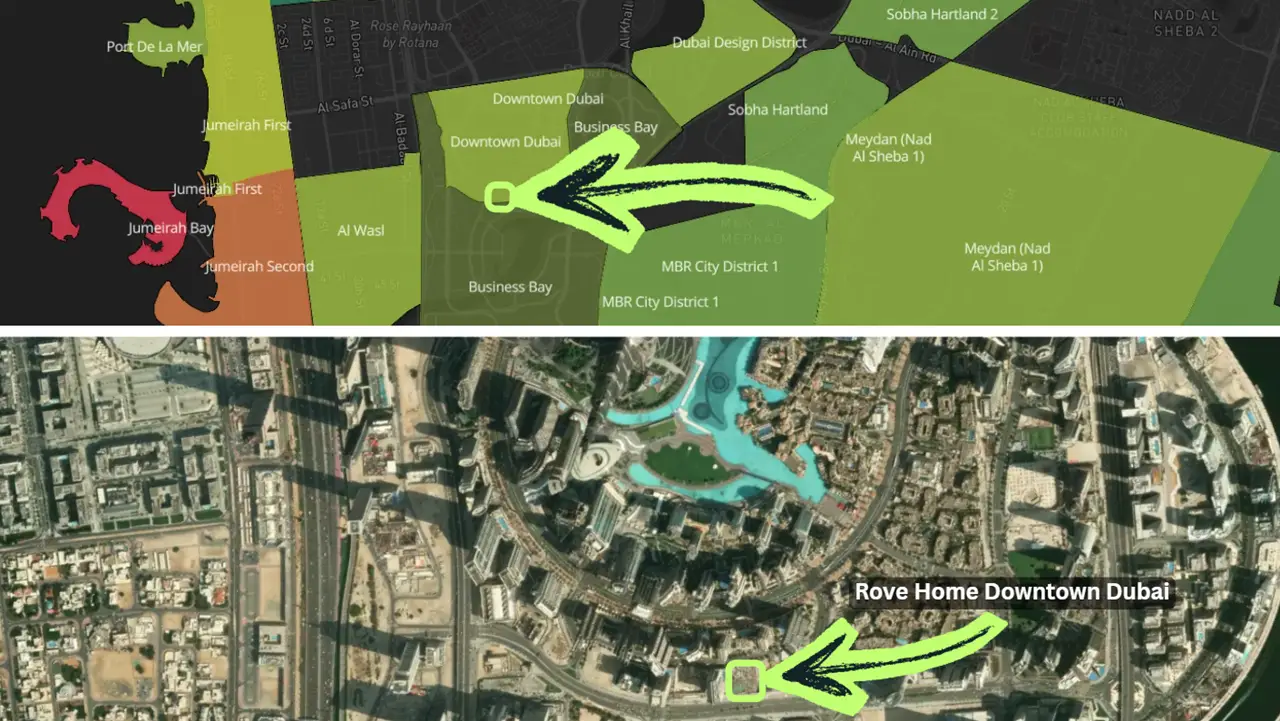 Rove Home Downtown Dubai by IRTH Development location map highlighting the project position within Downtown Dubai in Dubai Presented by Tohid Fetrat