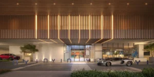 Rove Home Downtown Dubai by IRTH Development main entrance and drop off area with contemporary lighting design in Dubai Presented by Tohid Fetrat