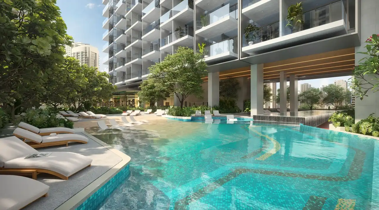 Rove Home Downtown Dubai by IRTH Development resort style swimming pool with sun loungers and landscaped surroundings in Dubai Presented by Tohid Fetrat