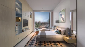 Rove Home Downtown Dubai by IRTH Development contemporary studio interior with integrated storage and city views in Dubai Presented by Tohid Fetrat