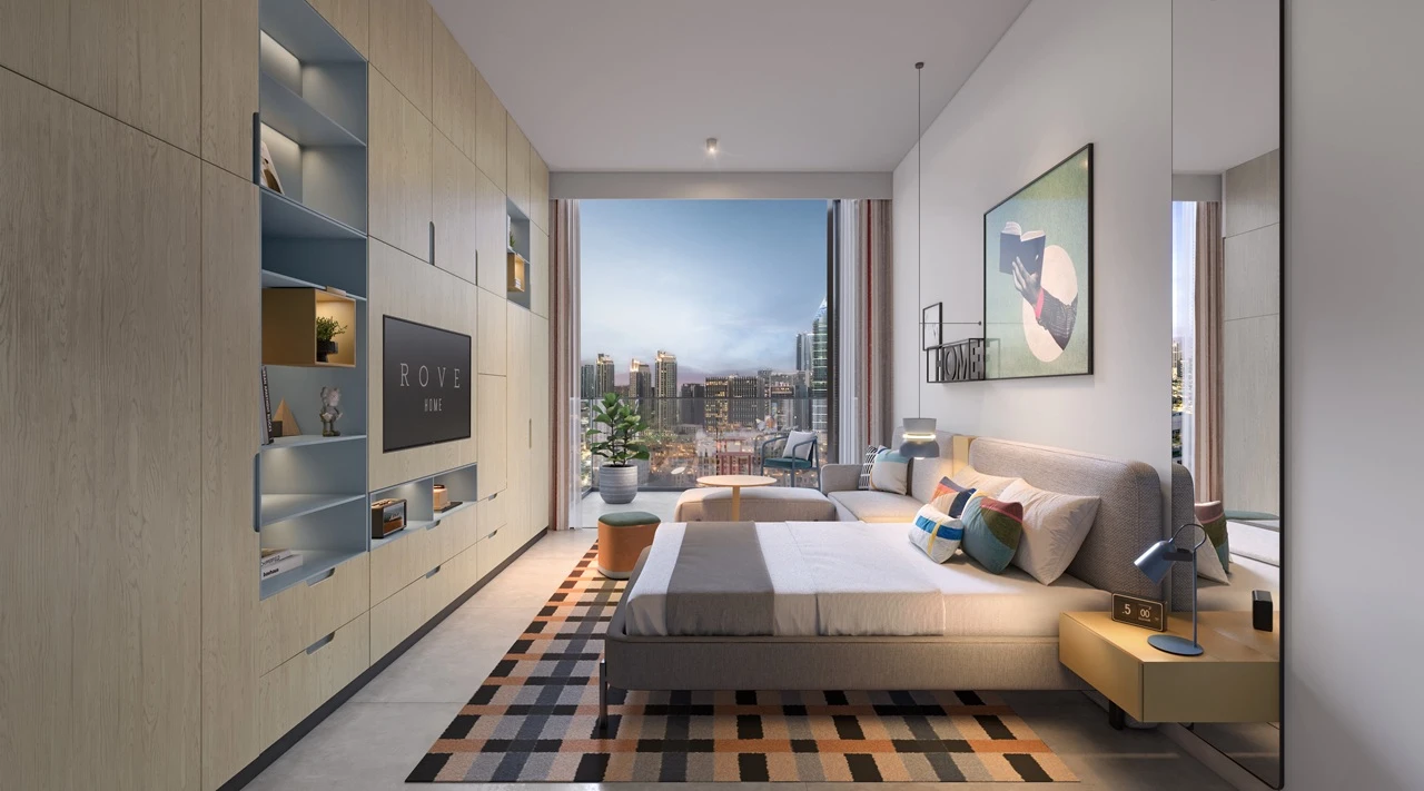 Rove Home Downtown Dubai by IRTH Development contemporary studio interior with integrated storage and city views in Dubai Presented by Tohid Fetrat