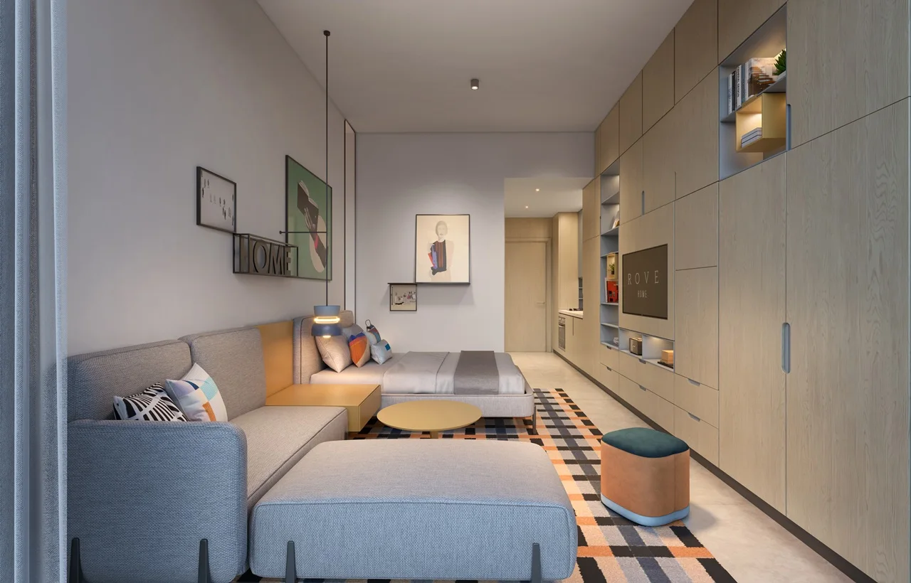 Rove Home Downtown Dubai by IRTH Development contemporary studio living space with integrated storage and multifunctional design in Dubai Presented by Tohid Fetrat