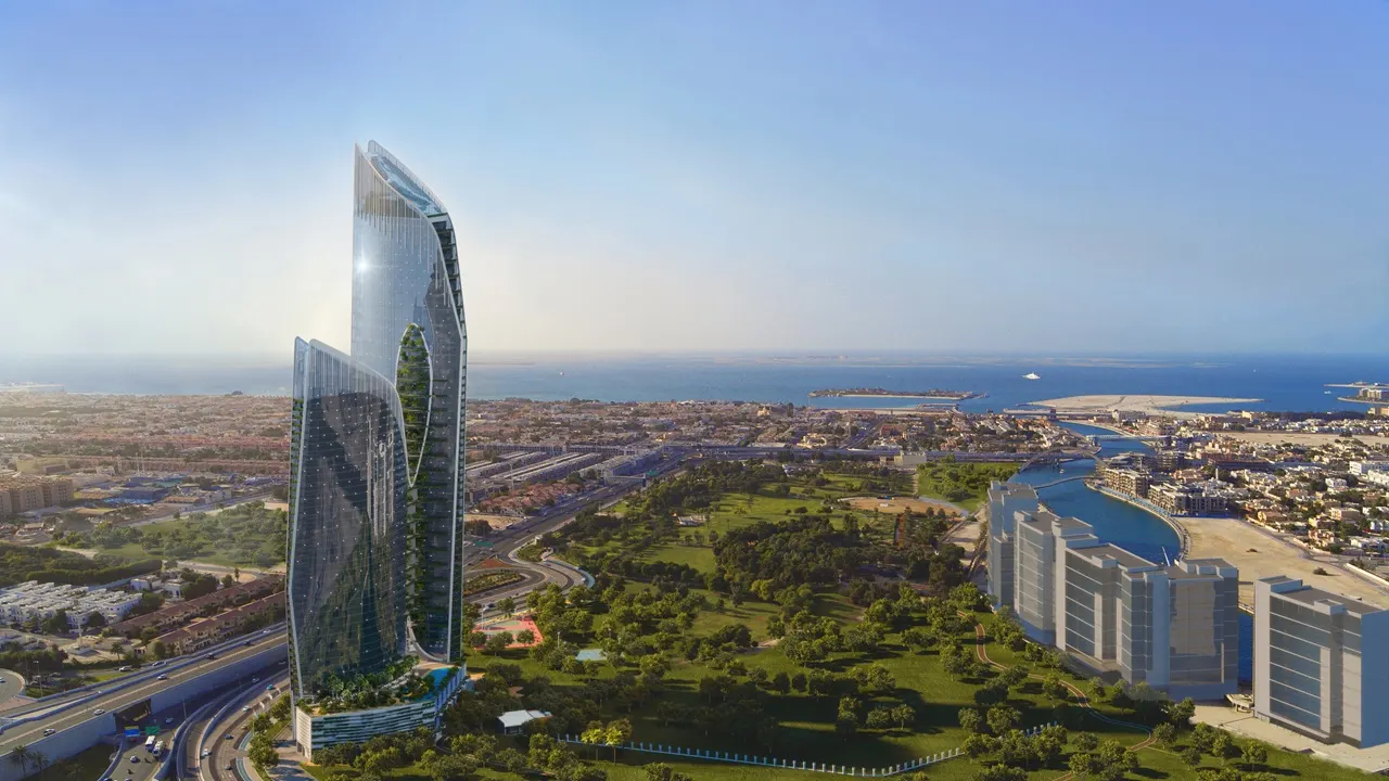 Safa One by DAMAC in Safa Park aerial tower view overlooking green landscapes and the Gulf coastline in Dubai - Presented by Tohid Fetrat