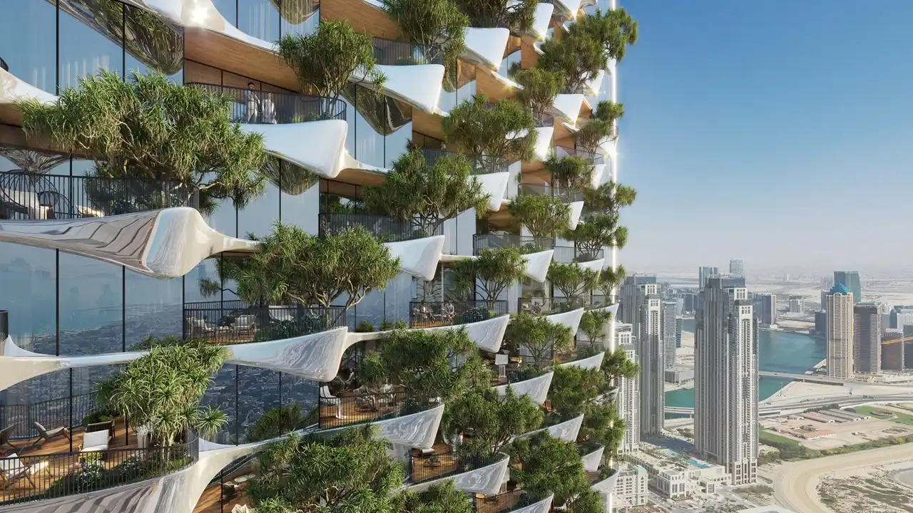 Safa One by DAMAC in Safa Park luxury green balcony facade with landscaped terraces overlooking Dubai skyline - Presented by Tohid Fetrat