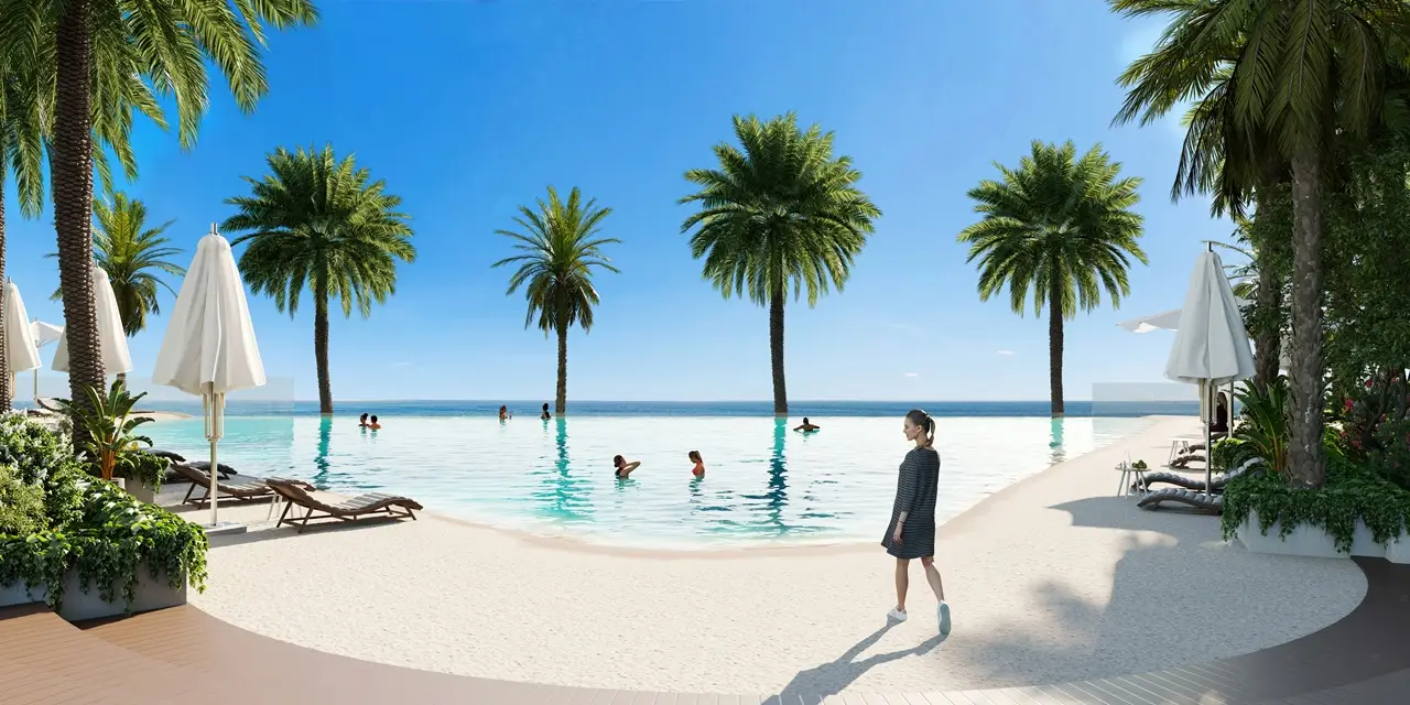 Safa One by DAMAC in Safa Park infinity pool with palm trees and luxury resort style amenities in Dubai - Presented by Tohid Fetrat