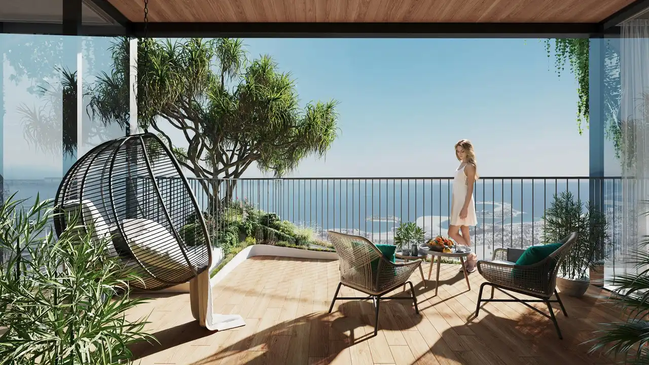 Safa One by DAMAC in Safa Park luxury balcony terrace with panoramic Gulf views and landscaped outdoor seating in Dubai - Presented by Tohid Fetrat