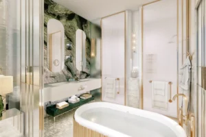 Safa One by DAMAC in Safa Park luxury bathroom interior with marble finishes and gold accents in Dubai - Presented by Tohid Fetrat