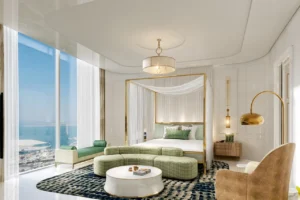 Safa One by DAMAC in Safa Park luxury bedroom interior with panoramic Gulf views and elegant contemporary design in Dubai - Presented by Tohid Fetrat