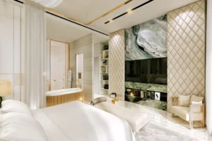 Safa One by DAMAC in Safa Park luxury bedroom suite with marble finishes and elegant interior design in Dubai - Presented by Tohid Fetrat