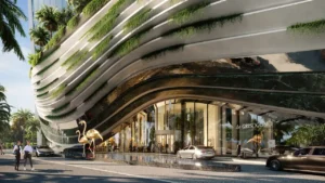 Safa One by DAMAC in Safa Park luxury entrance facade with landscaped architecture and de GRISOGONO branding in Dubai - Presented by Tohid Fetrat