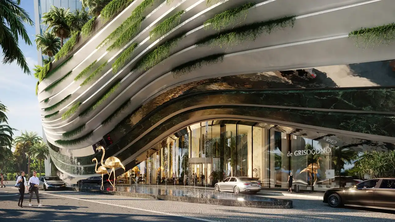 Safa One by DAMAC in Safa Park luxury entrance facade with landscaped architecture and de GRISOGONO branding in Dubai - Presented by Tohid Fetrat