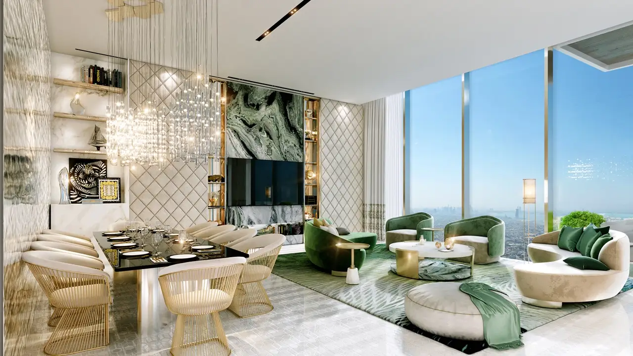 Safa One by DAMAC in Safa Park luxury living and dining space with panoramic skyline views in Dubai - Presented by Tohid Fetrat