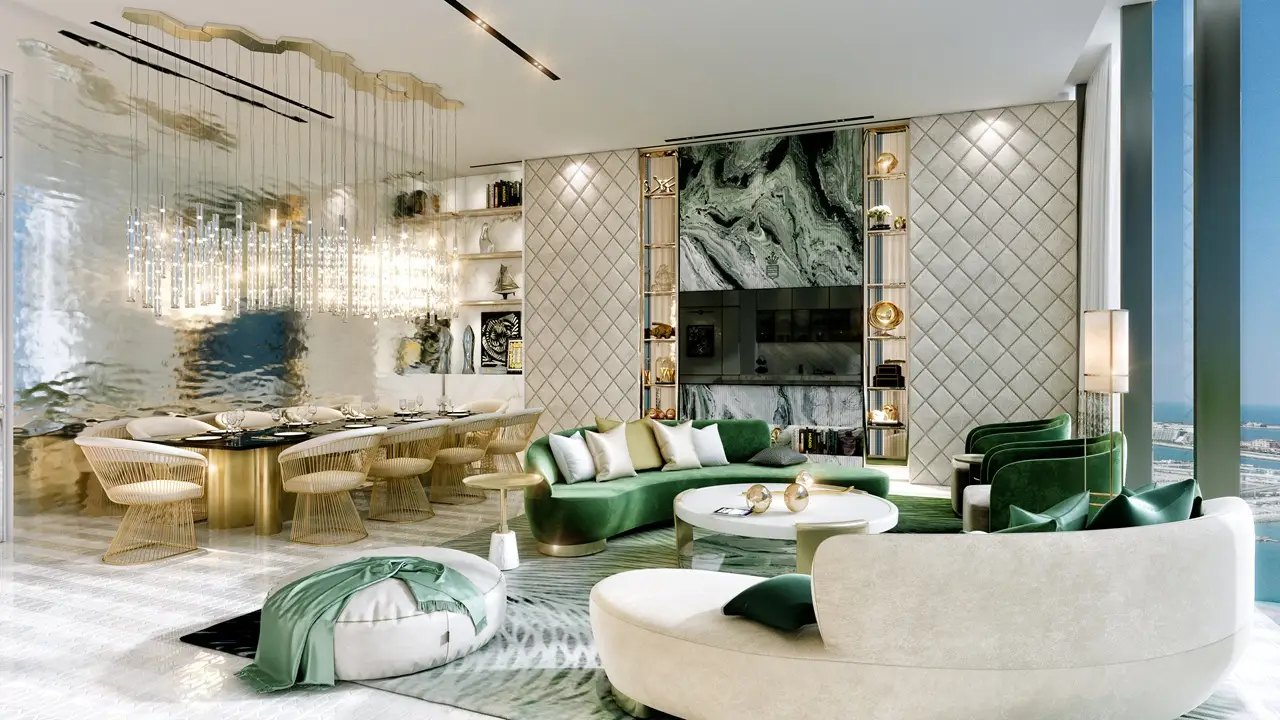 Safa One by DAMAC in Safa Park luxury living and dining interior with marble finishes and designer lighting in Dubai - Presented by Tohid Fetrat