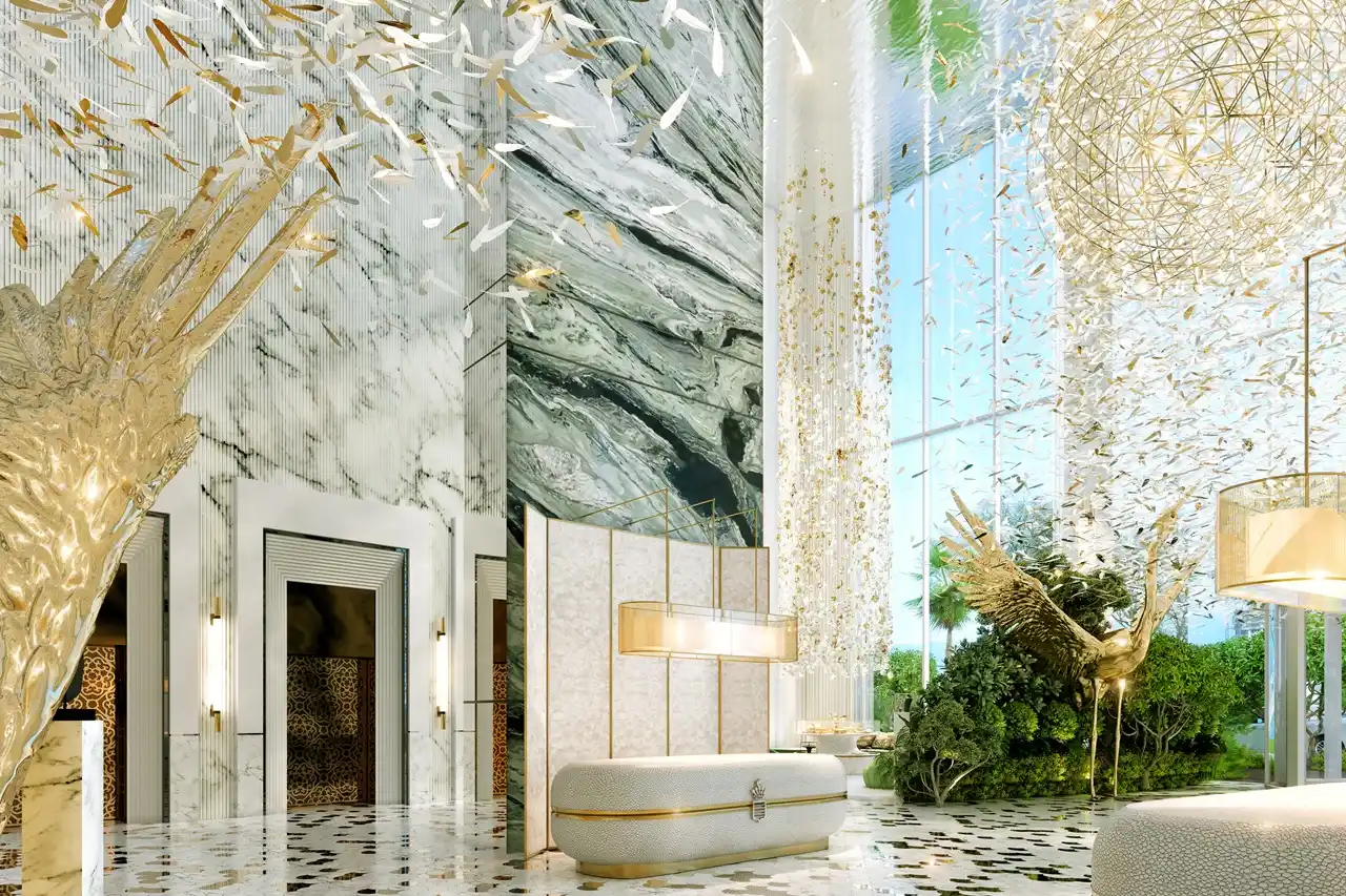 Safa One by DAMAC in Safa Park luxury lobby interior with artistic chandeliers and marble finishes in Dubai - Presented by Tohid Fetrat