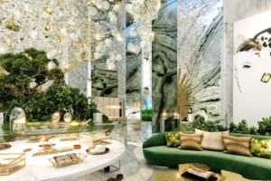 Safa One by DAMAC in Safa Park luxury lobby lounge with artistic lighting and marble interiors in Dubai - Presented by Tohid Fetrat