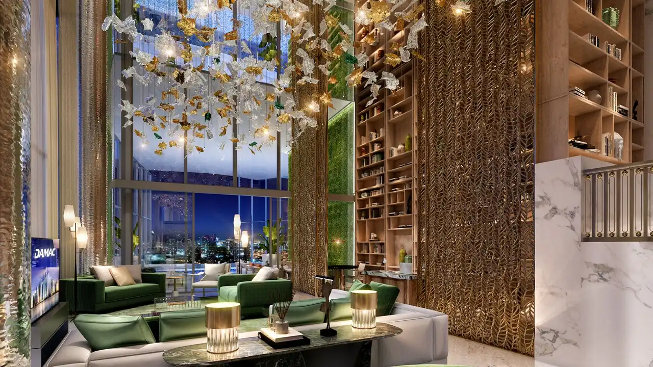 Safa One by DAMAC in Safa Park luxury lounge interior with double height ceilings and designer chandelier in Dubai - Presented by Tohid Fetrat
