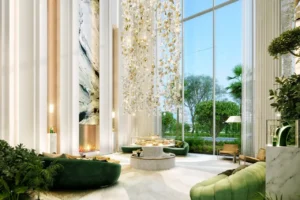 Safa One by DAMAC in Safa Park luxury lounge space with double height windows and designer chandelier in Dubai - Presented by Tohid Fetrat