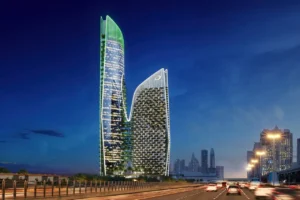 Safa One by DAMAC in Safa Park illuminated luxury residential towers beside Sheikh Zayed Road in Dubai - Presented by Tohid Fetrat