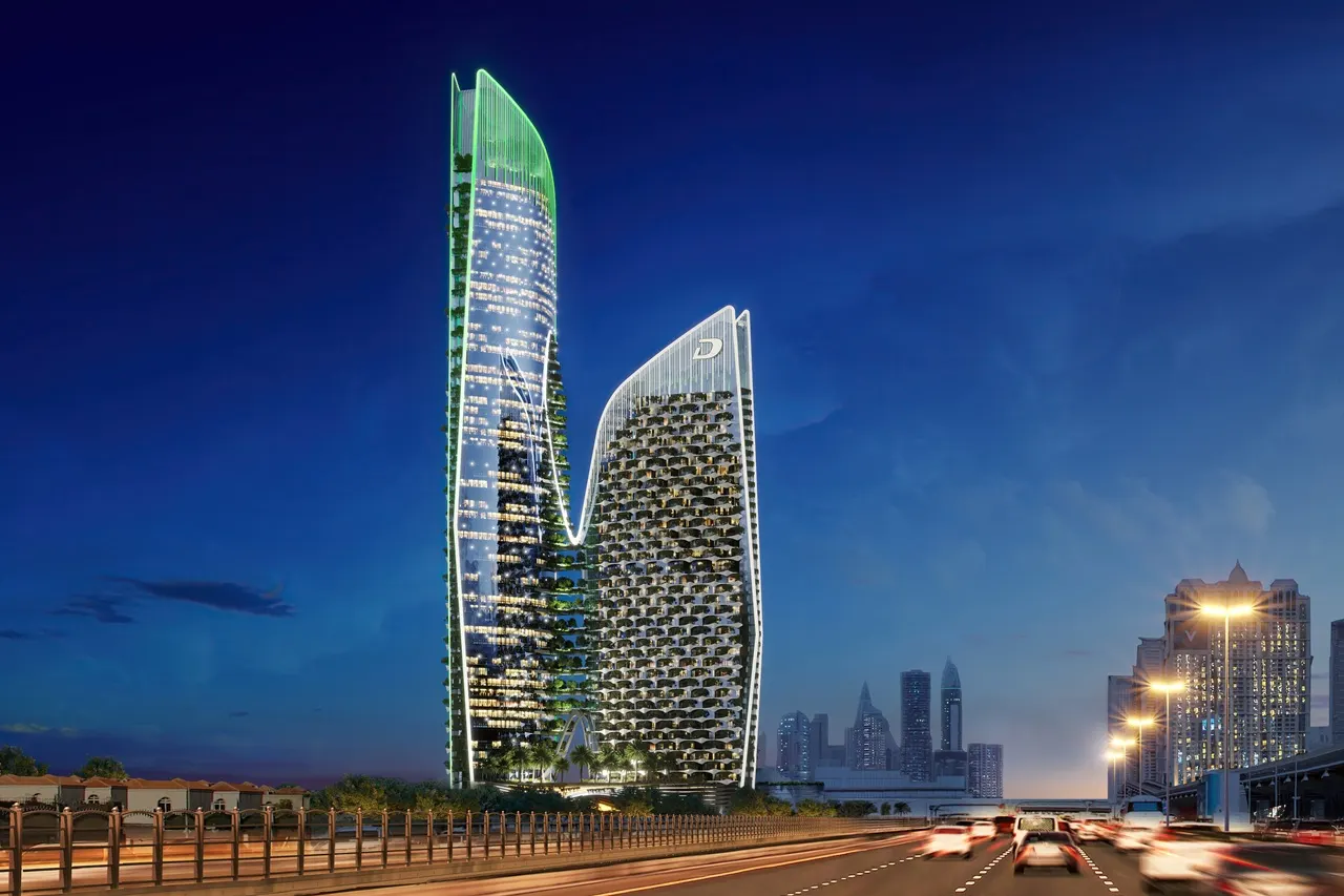 Safa One by DAMAC in Safa Park illuminated luxury residential towers beside Sheikh Zayed Road in Dubai - Presented by Tohid Fetrat