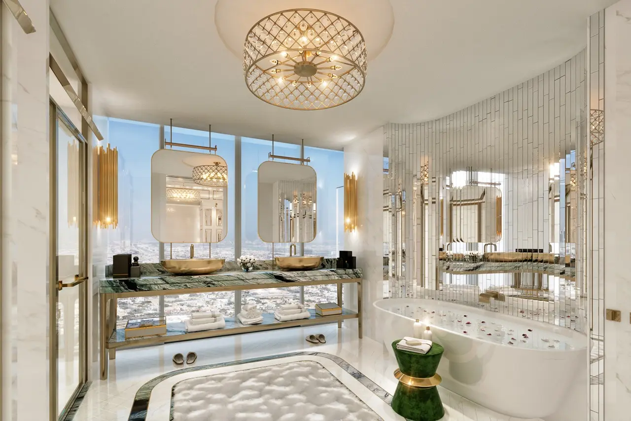 Safa One by DAMAC in Safa Park luxury spa style bathroom with panoramic city views and gold accents in Dubai - Presented by Tohid Fetrat