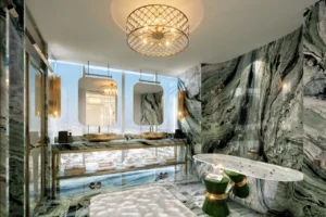 Safa One by DAMAC in Safa Park luxury marble bathroom suite with panoramic city views in Dubai - Presented by Tohid Fetrat