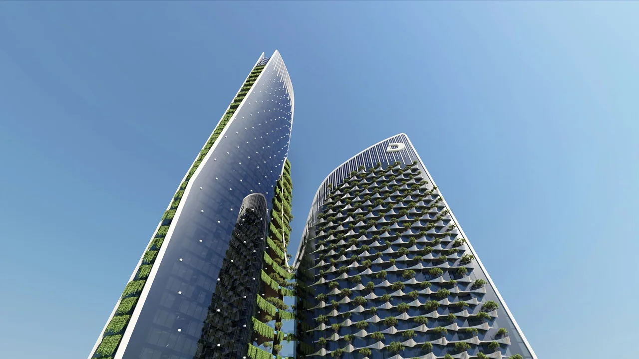 Safa One by DAMAC in Safa Park modern luxury tower architecture with landscaped balconies in Dubai - Presented by Tohid Fetrat