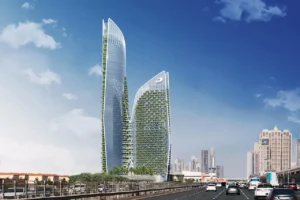 Safa One by DAMAC in Safa Park luxury residential towers overlooking Sheikh Zayed Road during daytime in Dubai - Presented by Tohid Fetrat