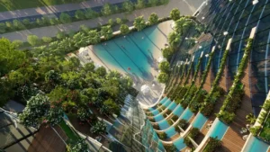 Safa One by DAMAC in Safa Park elevated pool deck with landscaped terraces and luxury outdoor amenities in Dubai - Presented by Tohid Fetrat