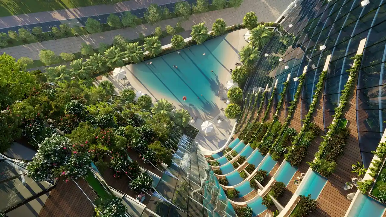 Safa One by DAMAC in Safa Park elevated pool deck with landscaped terraces and luxury outdoor amenities in Dubai - Presented by Tohid Fetrat