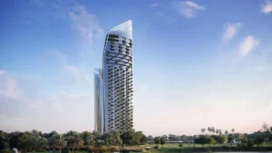 Safa One by DAMAC in Safa Park luxury residential tower exterior surrounded by greenery in Dubai - Presented by Tohid Fetrat