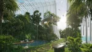 Safa One by DAMAC in Safa Park tropical garden amenities with waterfall feature and lush greenery in Dubai - Presented by Tohid Fetrat