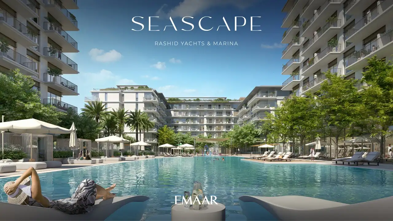 Luxury pool and waterfront residential buildings at Seascape Rashid Yachts and Marina by Emaar in Dubai Presented by Tohid Fetrat