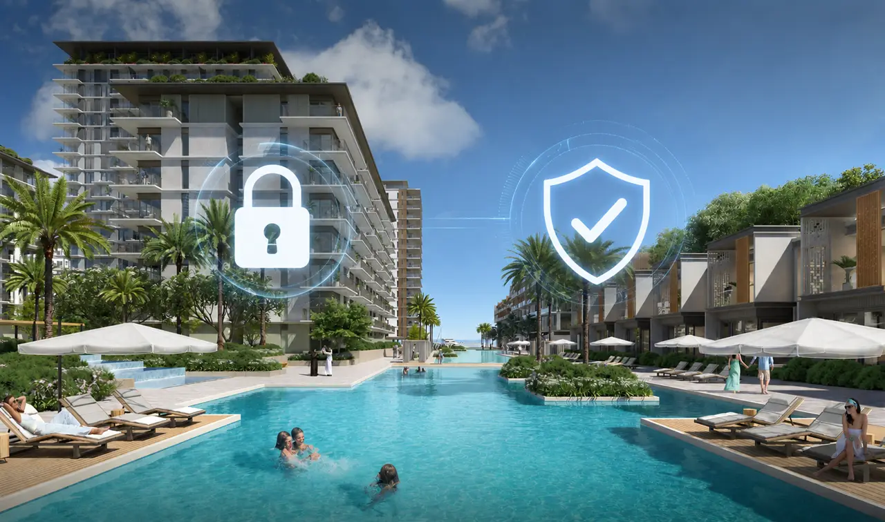 Luxury waterfront residences at Seascape Rashid Yachts and Marina with escrow account security icons in Dubai Presented by Tohid Fetrat