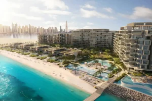Six Senses Residences The Palm by Select Group beachfront aerial view with resort amenities in Dubai - Presented by Tohid Fetrat